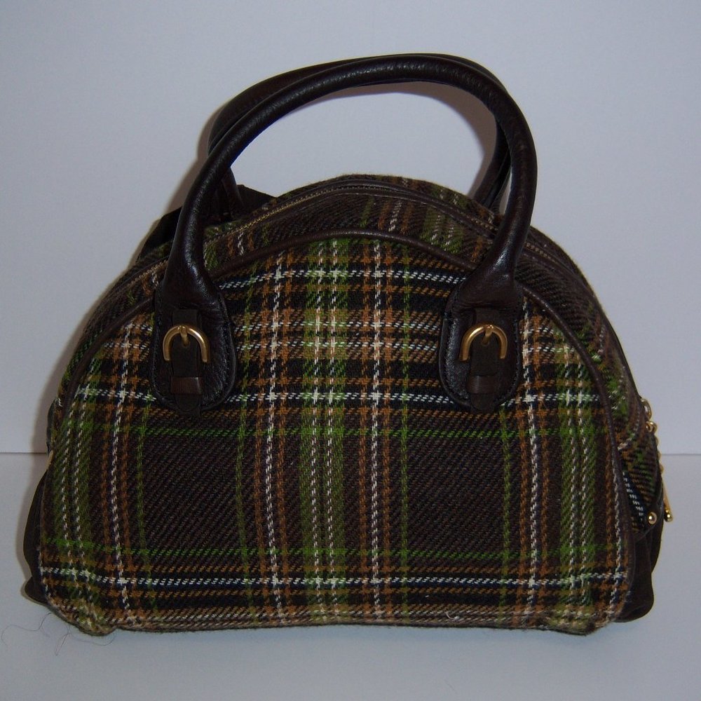 Vintage Juicy Couture Brown Green Tweed Plaid Wool Bowler Bag Y2K Academia - Picture 3 of 9